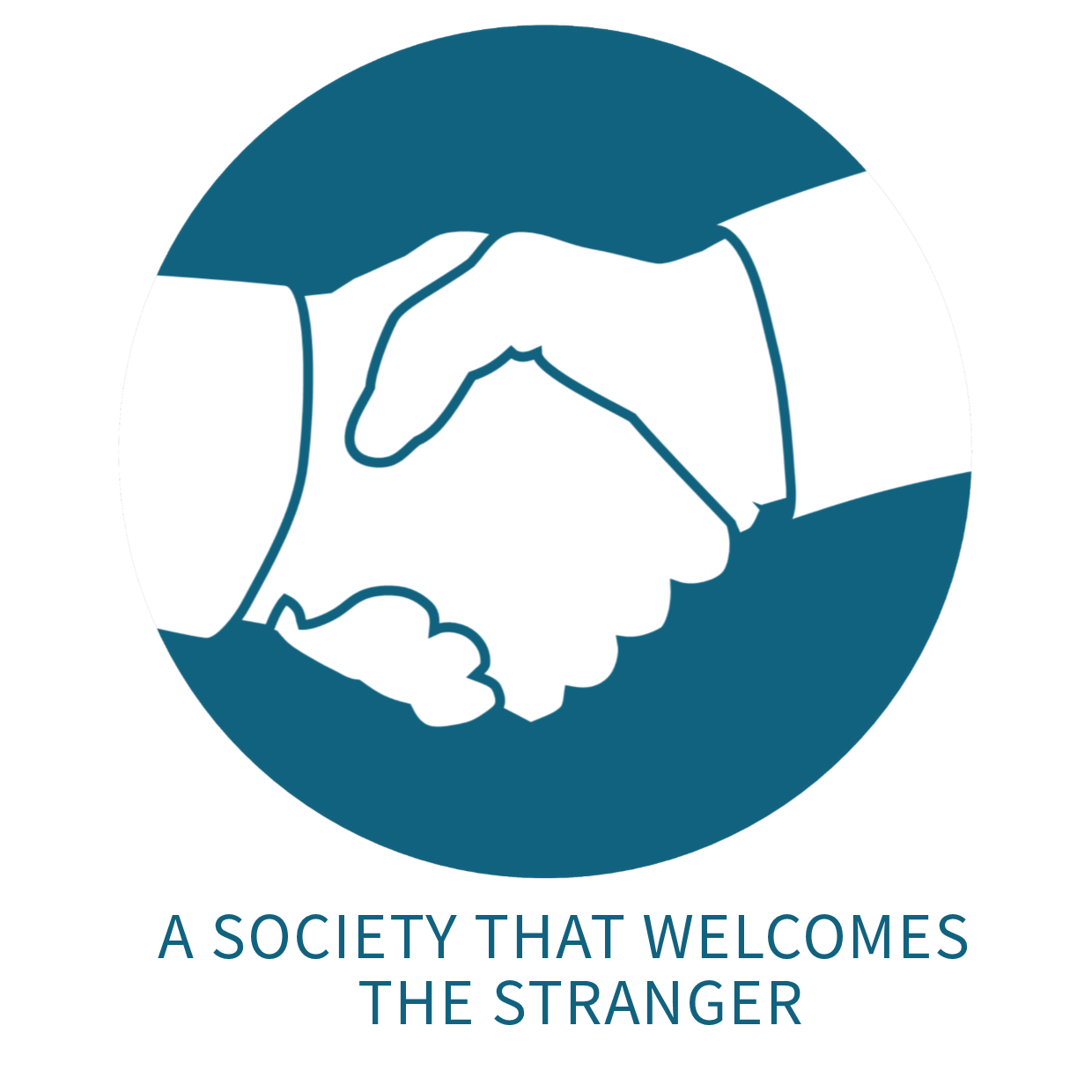Image of hands shaking. Text reads: A society that welcomes the stranger