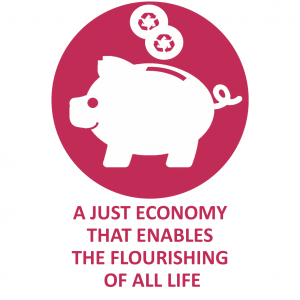 "A just economy that enables the flourishing of all life'
A happy piggy bank with two coins dropping in. Each coin has a 'recycle' symbol on it.