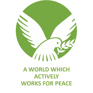 "A world which actively works for peace"
A dove takes flight with an olive branch in her mouth