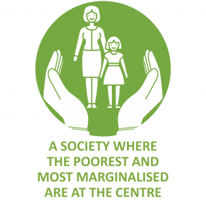 "A society where the poorest and most marginalised are at the centre"
A family unit is surrounded by two large, caring hands