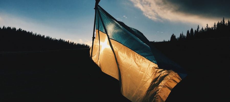 A Ukrainian flag against the sky