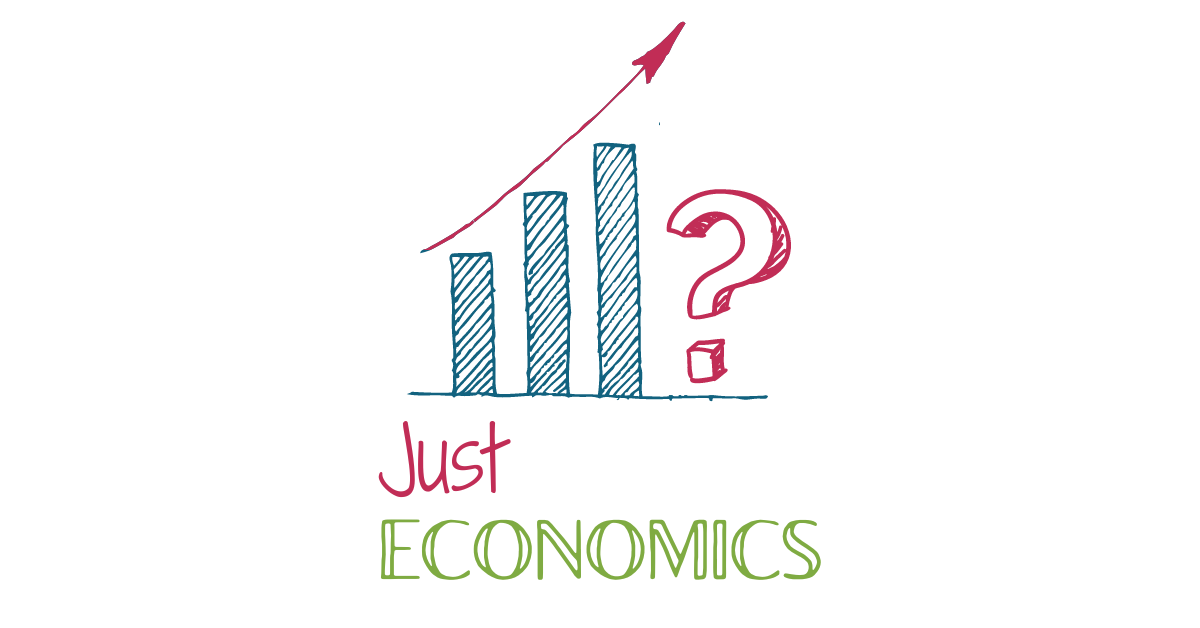 Just economics logo: a hand-drawn bar chart with three bars of increasing size, an arrow showing the increasing trend, and a large question mark beside the graph