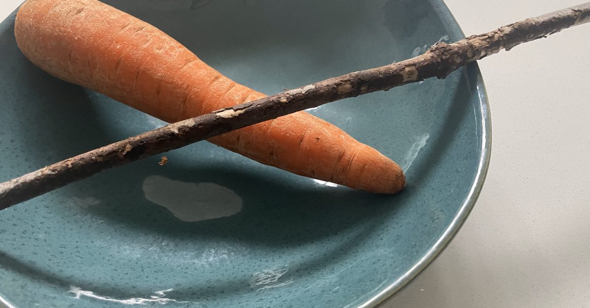 A carrot and a stick on a blue bowl