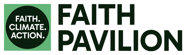 Logo for the Faith Pavilion, a green square with a darker green circle inside with the words 'Faith, climate, action'.