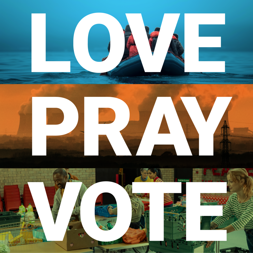 Love Pray Vote logo 3 Images - a refugee boat, smokey chimneys, and a foodbank