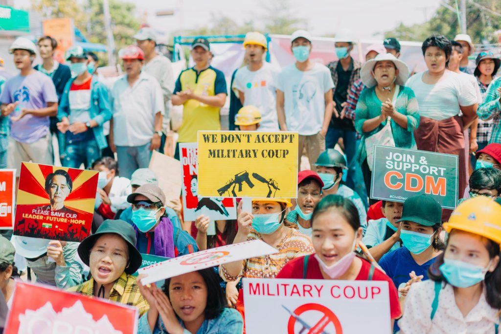 Photo from Pexels. Andrew PaKip. Photo of a crowd of people in Myanmar protesting the 2021 military coup.