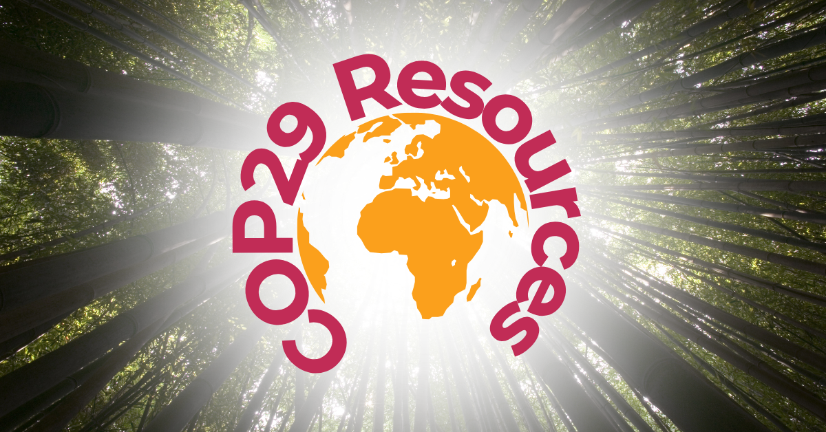 COP29 resources text encircling a graphic of the world. The background is a circle of trees viewed from the ground looking up to the sky