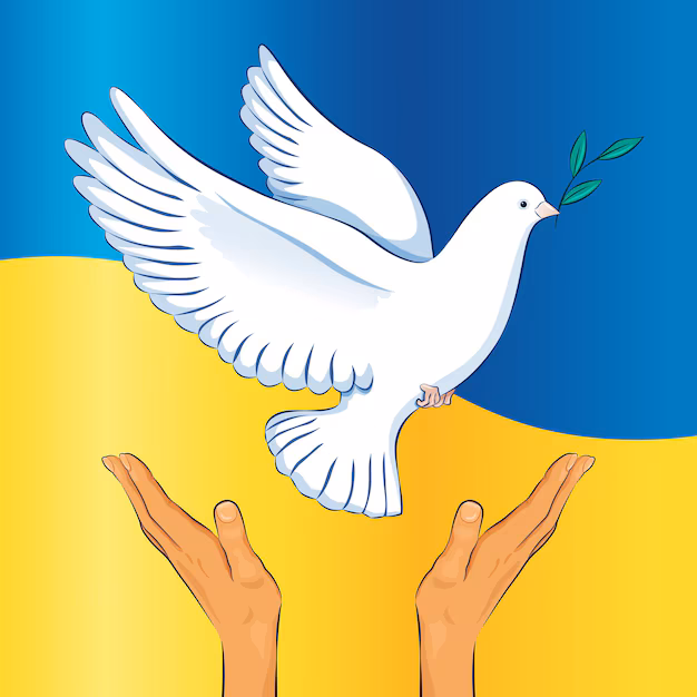 Dove on Ukraine flag with hands releasing it