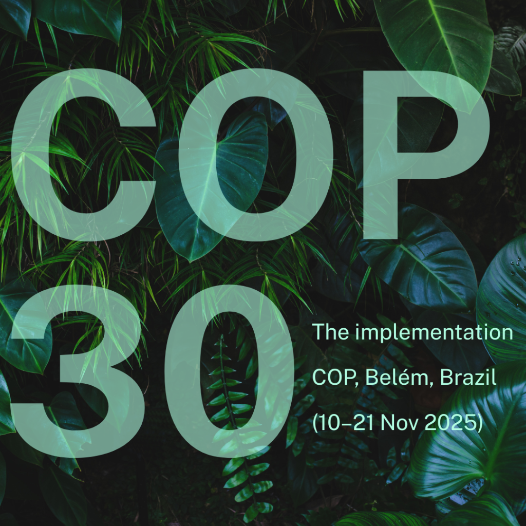 COP30 - The implementation COP, Belem, Brazil (10-21 Nov 2025) - pale green words on a dark green leafy background.
