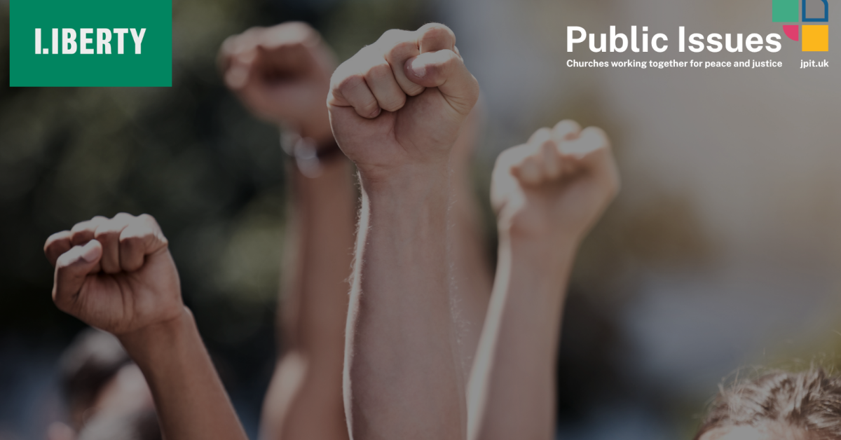 a faceless crowd raising their fists in the air showing strength and solidarity. Liberty logo in the top left corner; Public Issues logo in top right. Text: 'JPIT denominations support the European Convention on Human Rights'
