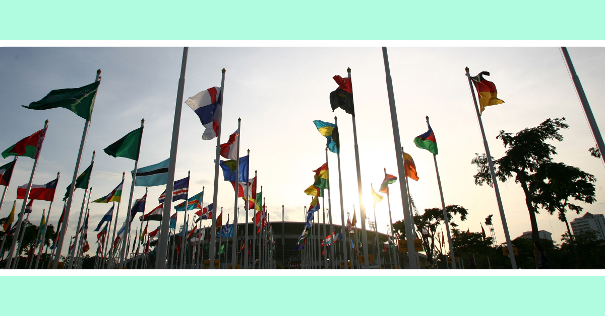 Flag of nations at sunset