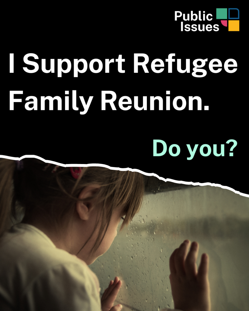 I support refugee family reunion, do you? With torn photo of child.