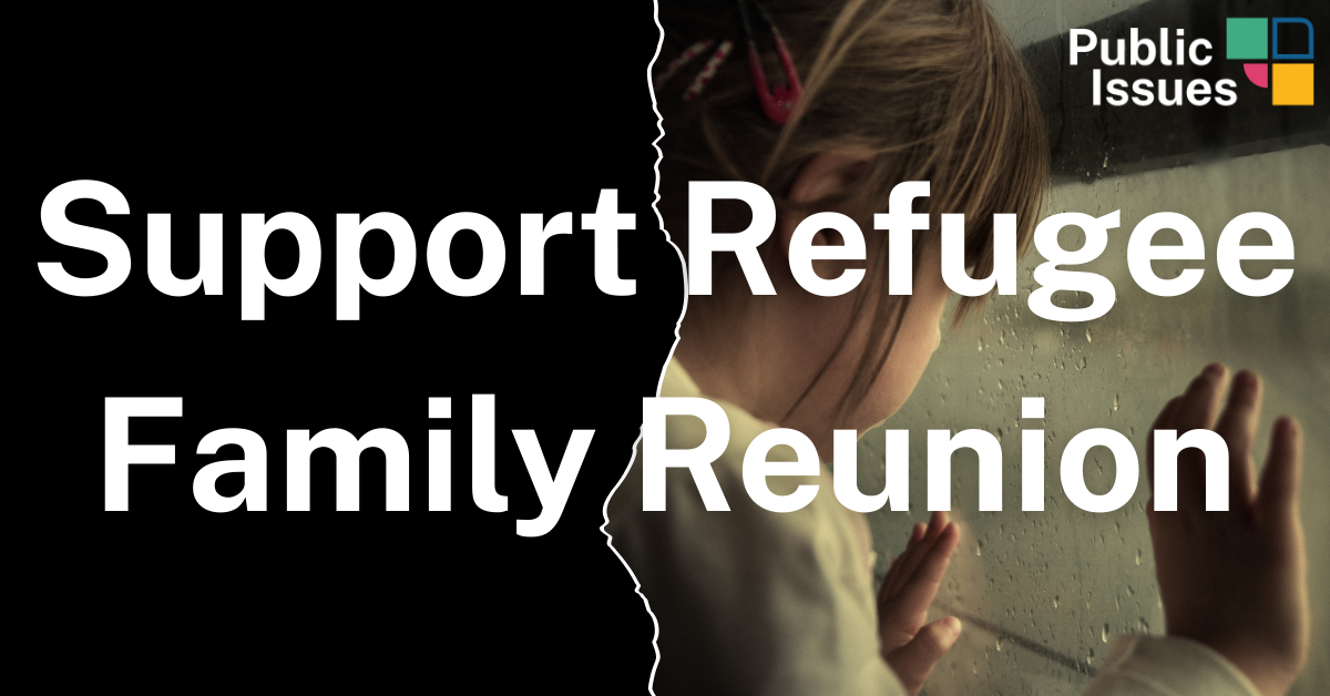 Support Family Reunion banner with image of child looking out of window as a torn photo.