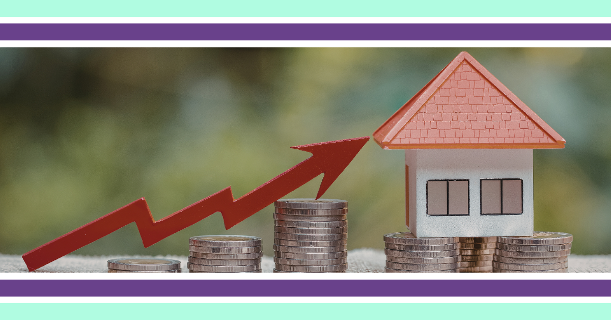 a miniature house with a red arrow pointing towards it representing the decline of the housing market. Surrounding the house are stacks of coins representing the economic situation.